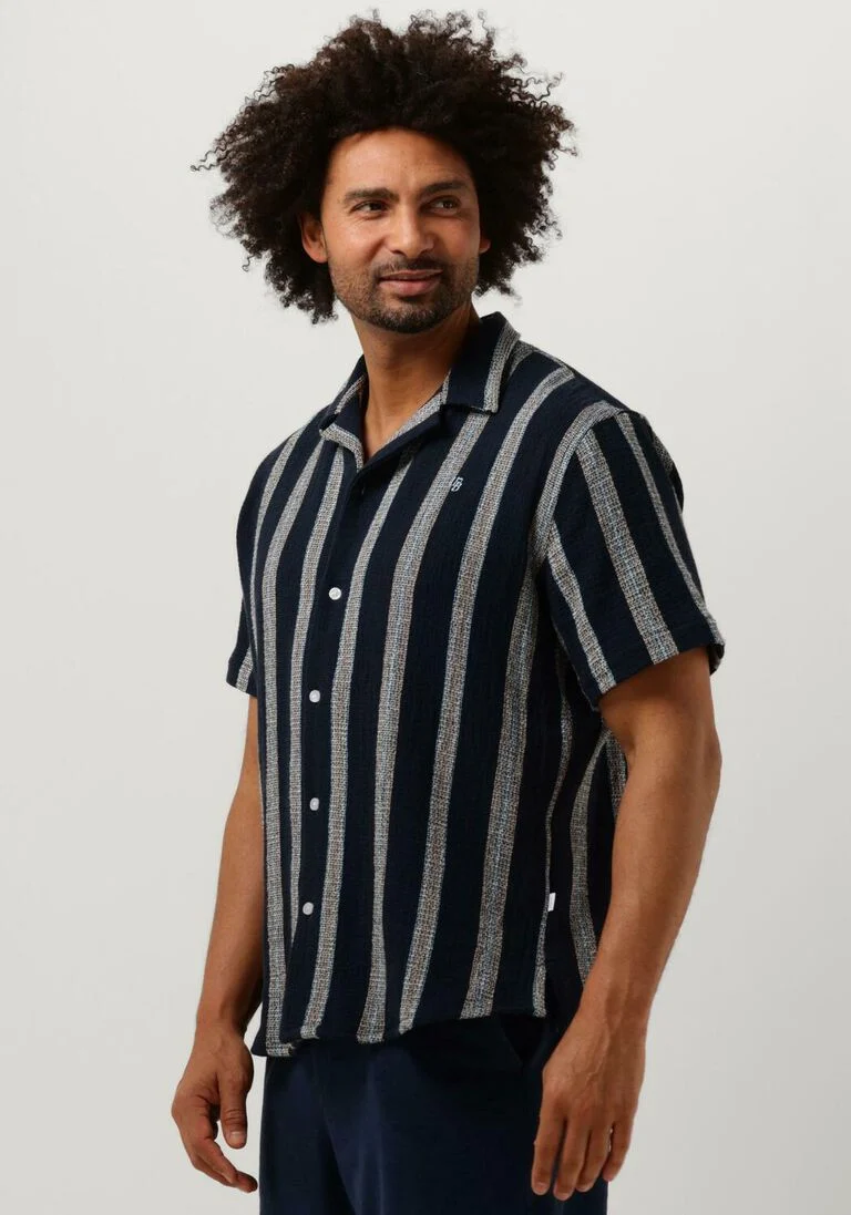WOODBIRD donkerblauwe woodbird casual overhemd hale striped shirt