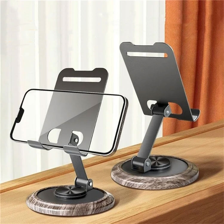 Universal Faltbare Carbon Smartphone Tischständer Halterung mit 360° Rotation mit Holz-Optik Basis - Grau