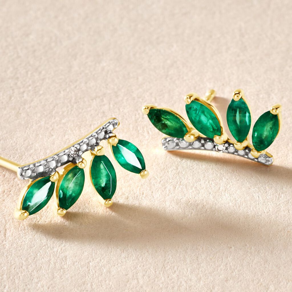 Boucles D'oreilles Puces Navette Or Jaune Emeraude Diamant