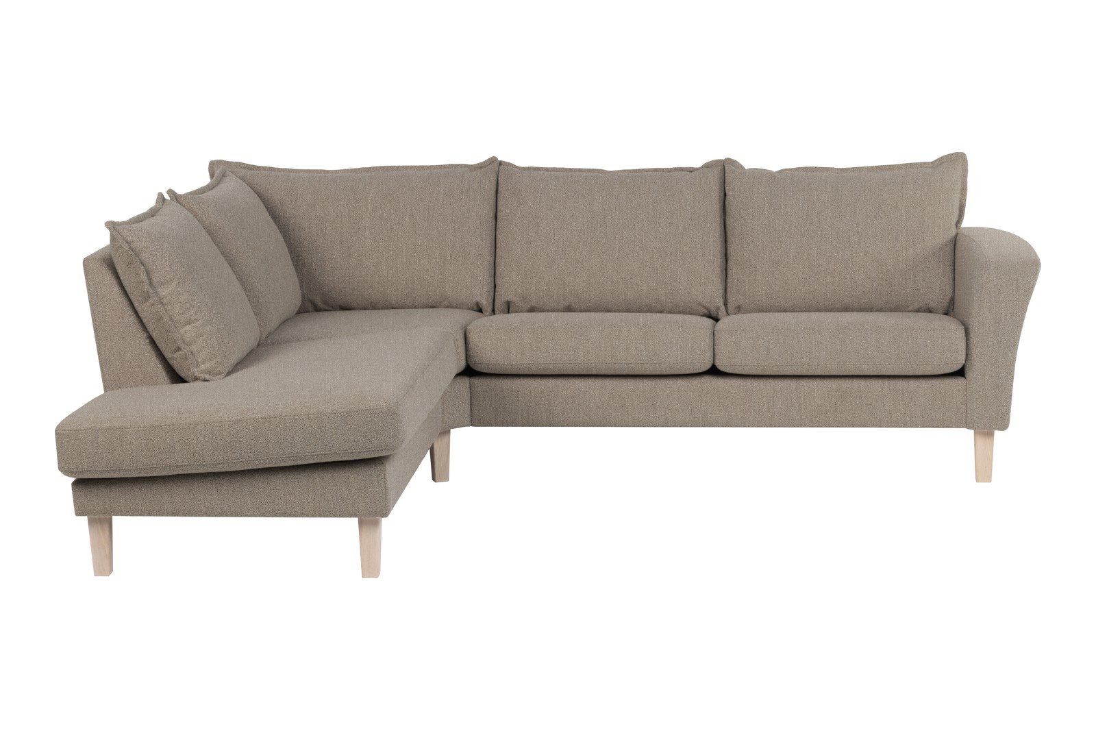 Slogen hjørnesofa Oppsett AV. 2,5-seter med åpen ende venstre. Tekstil Viva Earth med soft ryggpute. Vange A og hvitpigmentert ben 178.