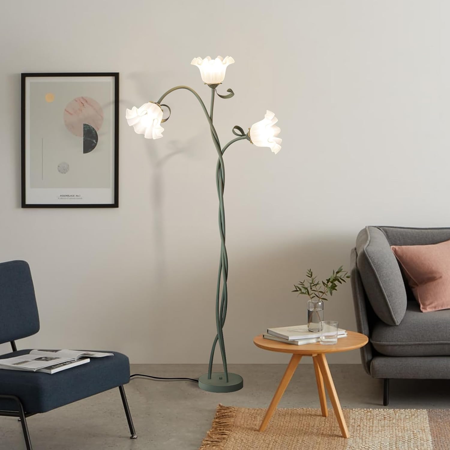 Blumen Stehlampe Wohnzimmer,Schwanenhals DIY Bogenlampe Standleuchte mit 3-Köpfe Rose,Flexibel Stehlampe Dimmbar Leselampe Studie,Modern Standing Floor Lamp für Schlafzimmer,BüRo,170Cm,Grün