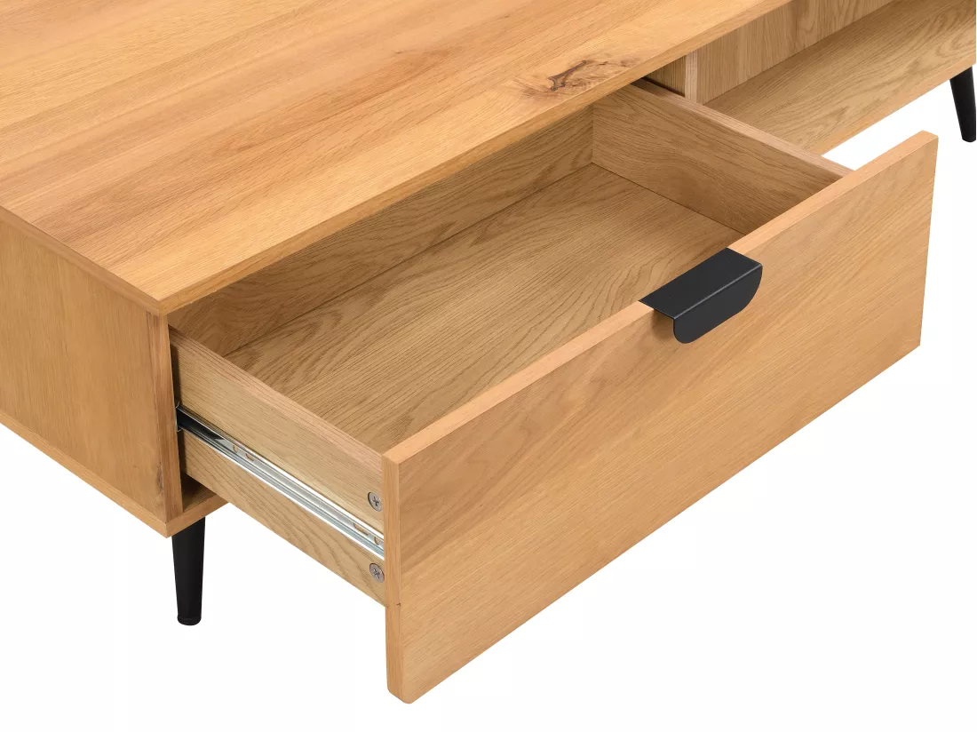 Table basse avec 2 tiroirs et 2 niches placage chêne et acier - Naturel clair et Noir - SINOLO