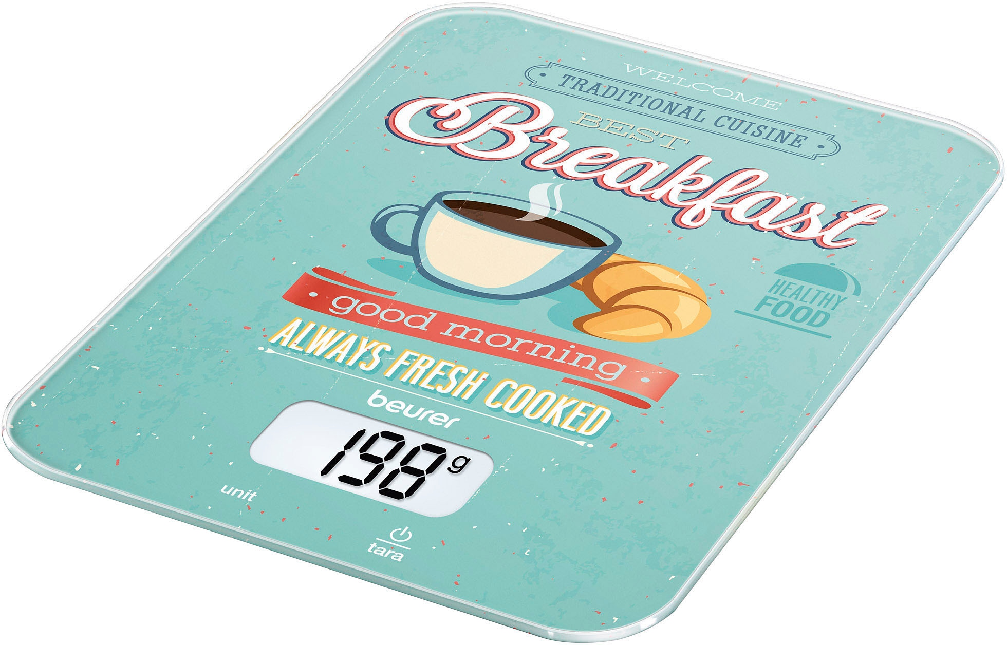 BEURER Küchenwaage »KS 19 Breakfast, mit Frühstücks-Design, Tragkraft bis 5 kg« Leicht zu reinigende Glasoberfläche, Sensortastenbedienung
