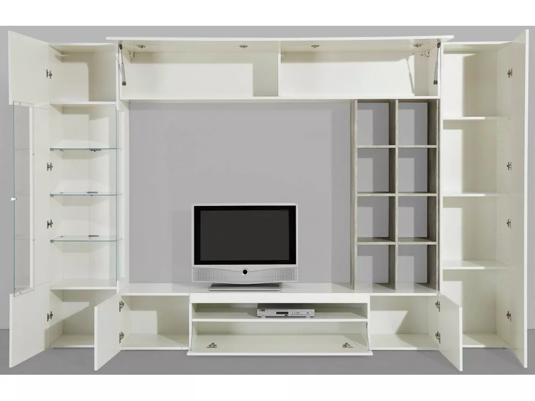 Unité murale Dfazz, ensemble de salon meuble TV, Meuble de salon polyvalent, 100% Made in Italy, 290x40h192 cm, Blanc brillant et béton