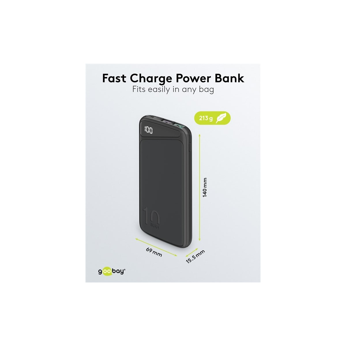 Goobay Hurtigladende Powerbank 10 000 mAh (USB-C™ PD, QC 3.0)