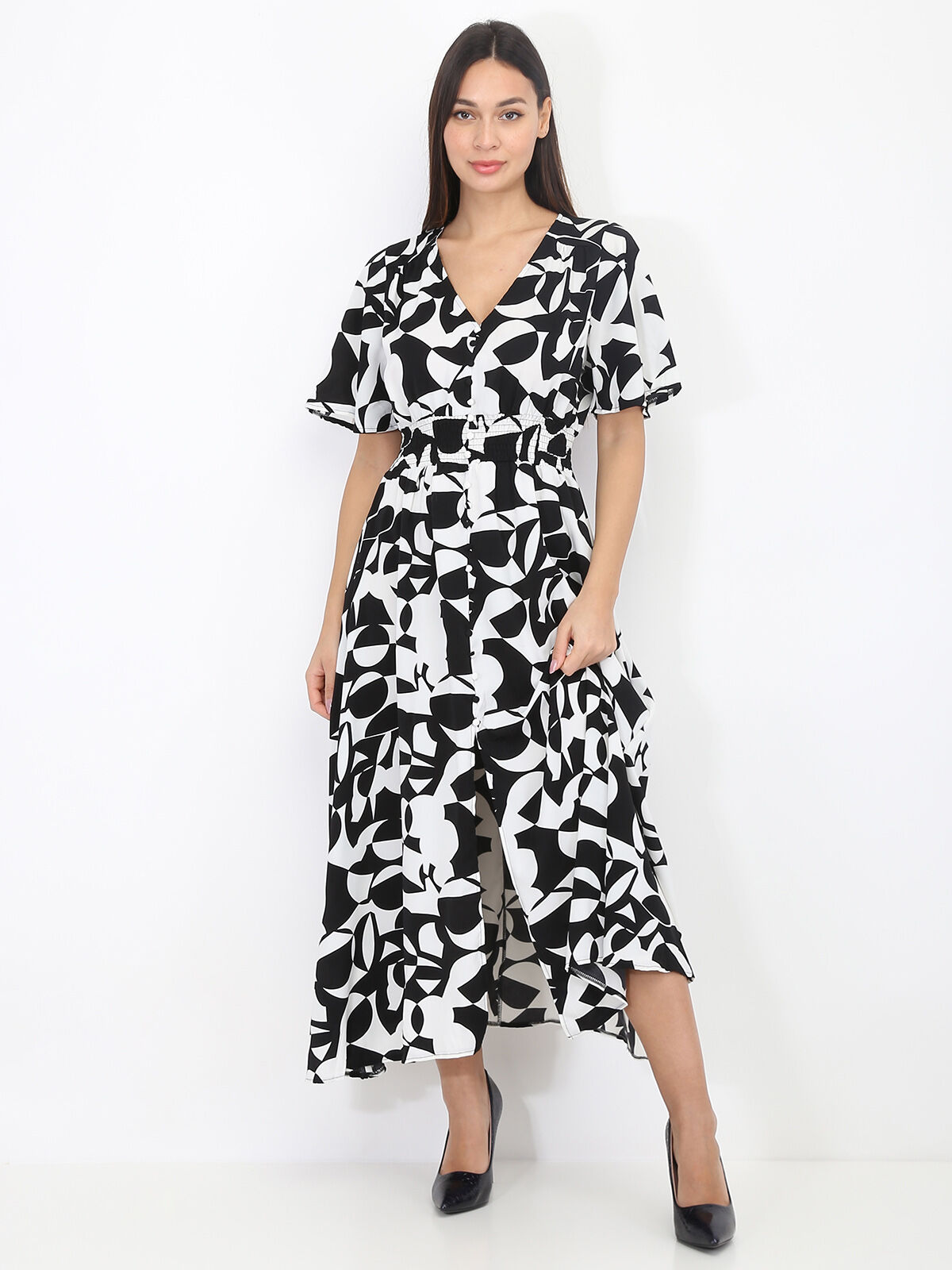 Robe longue fendue à imprimé géométrique- Noir et Blanc