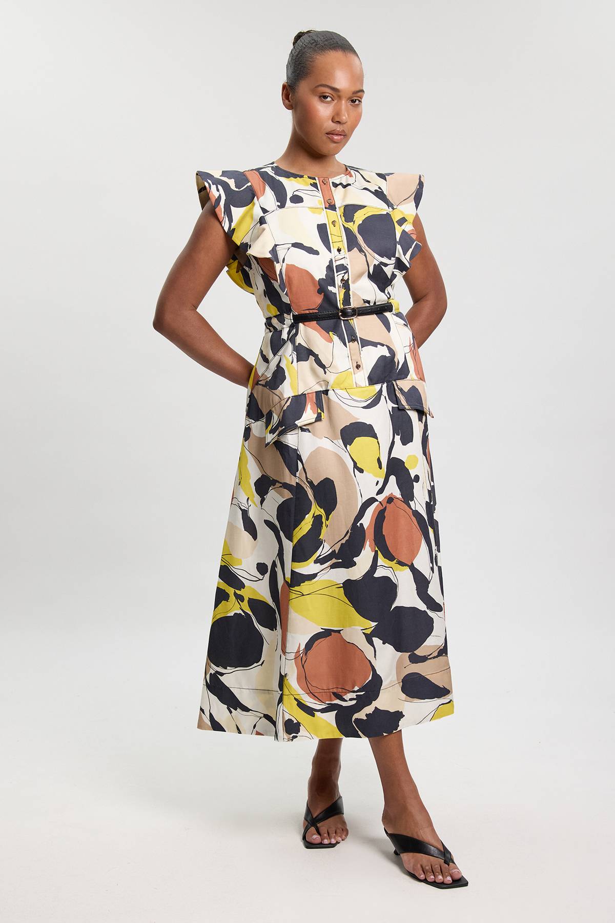 KarenMillen Robe Midi Grande Taille En Viscose Lin Tissé À Imprimé Abstrait Et Manches À Volants