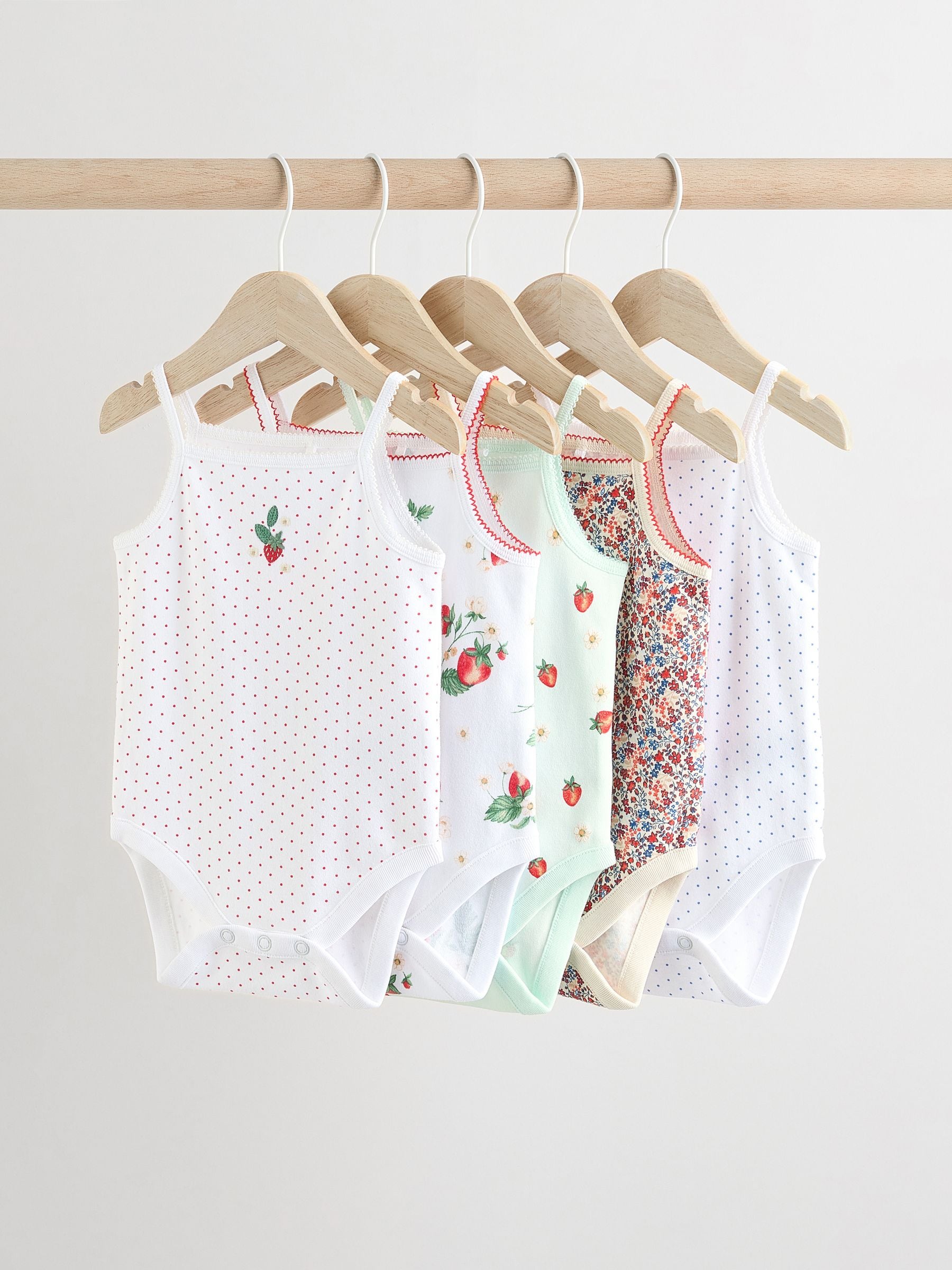 Wit met aardbeien - Set van 5 katoenen hemdrompertjes voor baby's