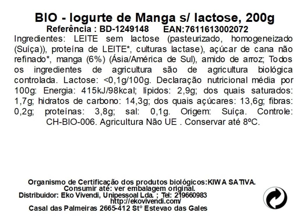 IOGURTE MANGA BIEDERMANN SEM LACTOSE BIO 200G