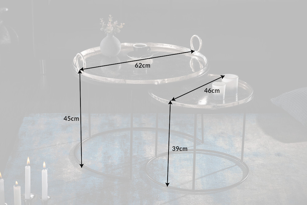 2er Set Runde Couchtische ELEMENTS 65cm silber schwarz Metall Tablett Beistelltisch