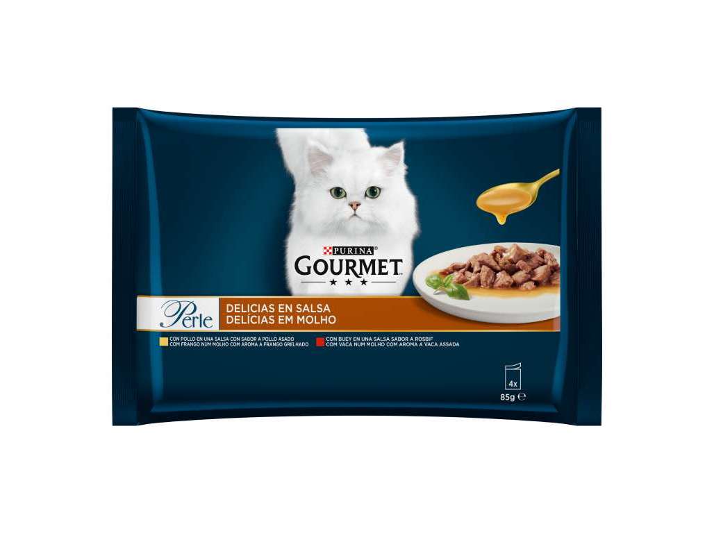 COMIDA HÚMIDA PARA GATO GOURMET PERLE DELÍCIAS EM MOLHO COM CARNE 4X85G