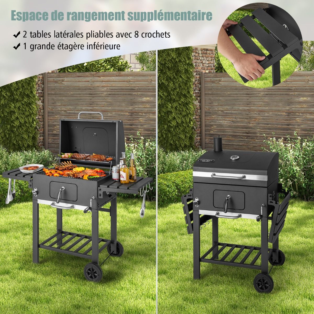 Barbecue à Charbon de Bois Portable avec 2 Tables d'Appoint Noir - Lidl-Manfred