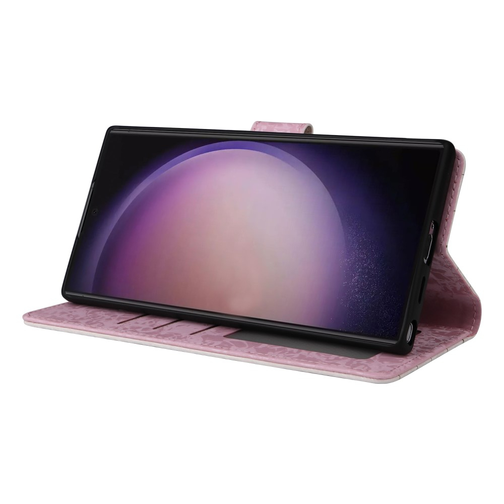 Samsung Galaxy S24 Ultra Leder Tasche mit Kartenfächer - Glitzer Blumenranken