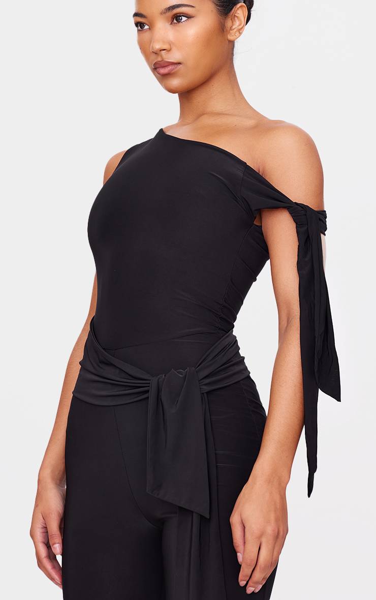 Noir Combinaison Capri En Tissu Soyeux Double Couche Avec Détail Noué