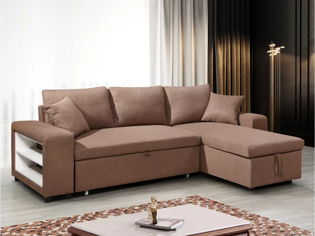 Canapé d'angle convertible et réversible en tissu avec coffre de rangement et poufs marron SELIM