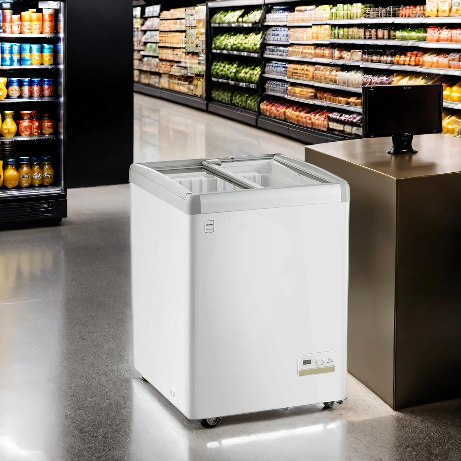 METRO Professional Tiefkühlvitrine GICC1108, 120 L, Tiefkühltruhe mit Glasschiebetür, 2 Ablagekörbe, Türschloss, Temperaturalarm, Rollen, Weiß