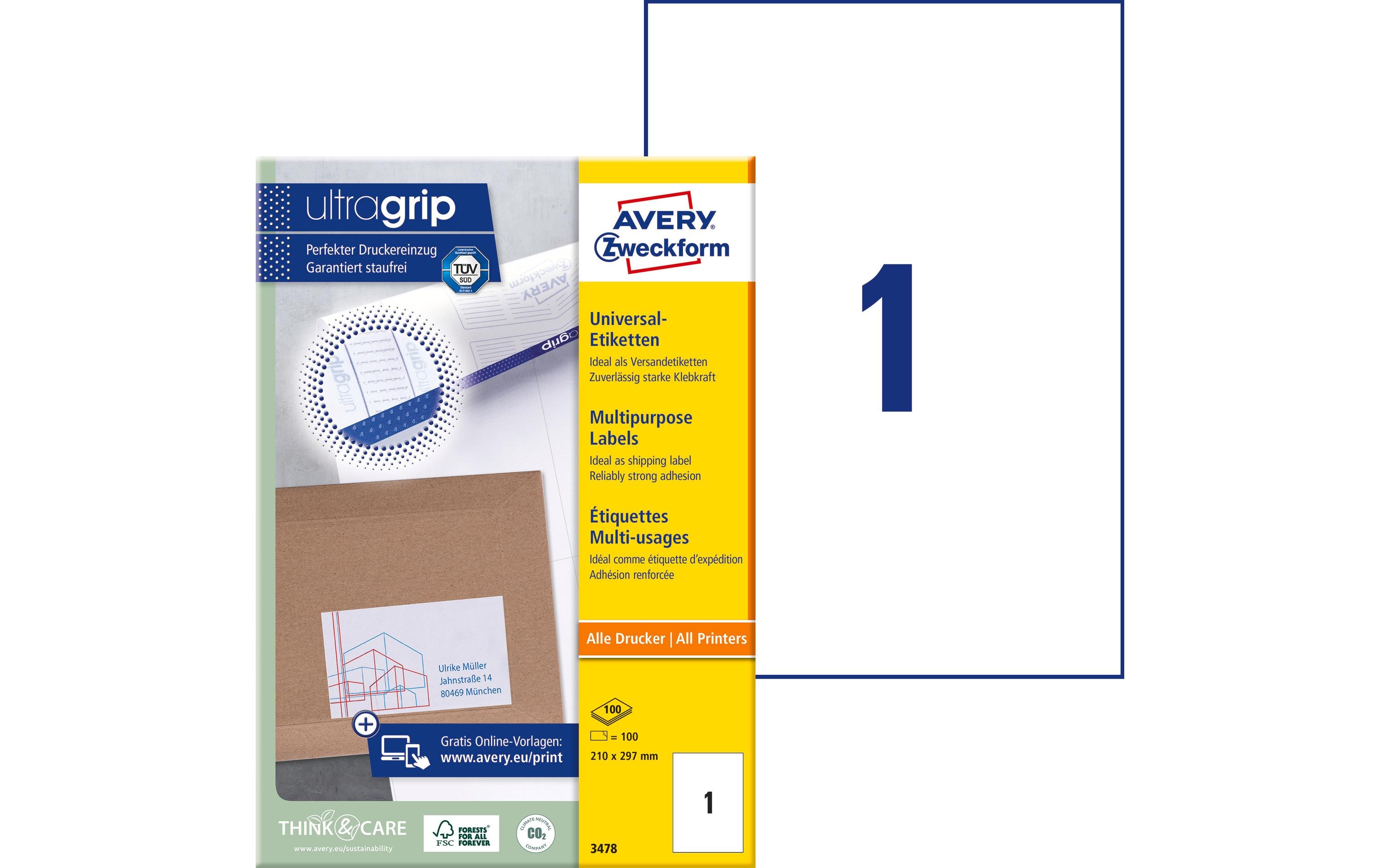 Universal-Etiketten 3478 210 x 297 mm, 100 BlattWeisse Adressaufkleber, permanent haftend