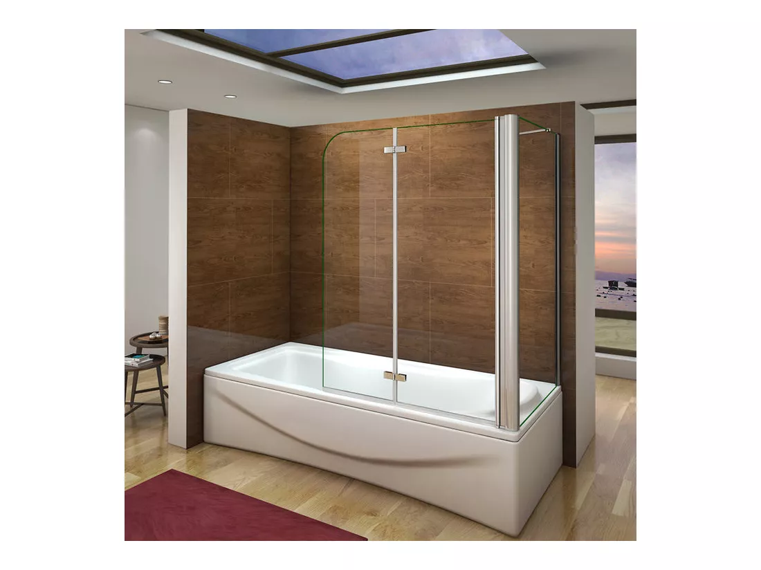 Pare-baignoire pivotant et pliant 110x140cm avec paroi fixe 80x140cm, paroi de baignoire en 6mm verre de sécurité