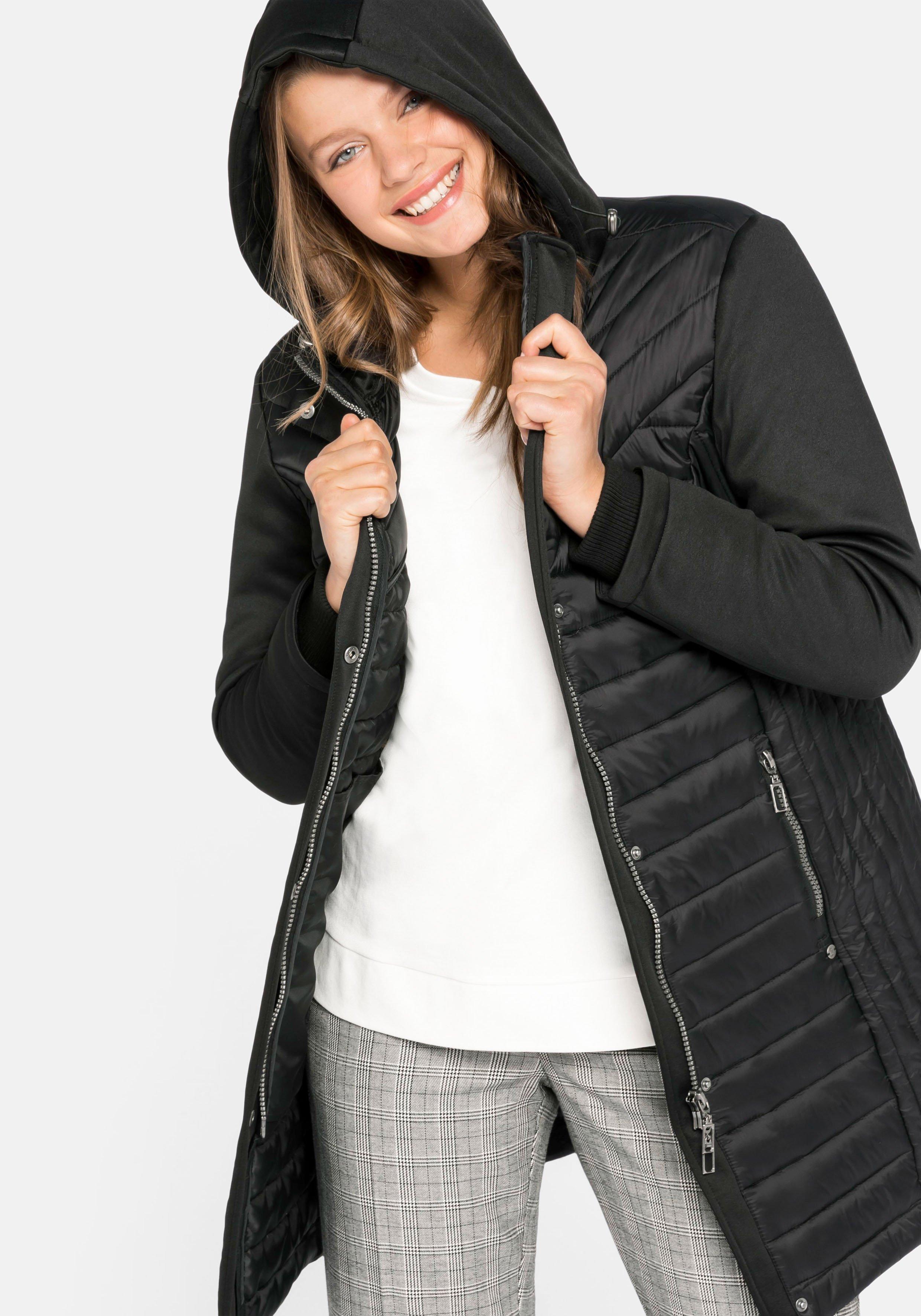 Steppjacke im Materialmix, mit Kapuze