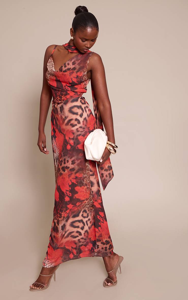 Léopard Robe Maxi En Mousseline À Imprimé Floral Et Foulard