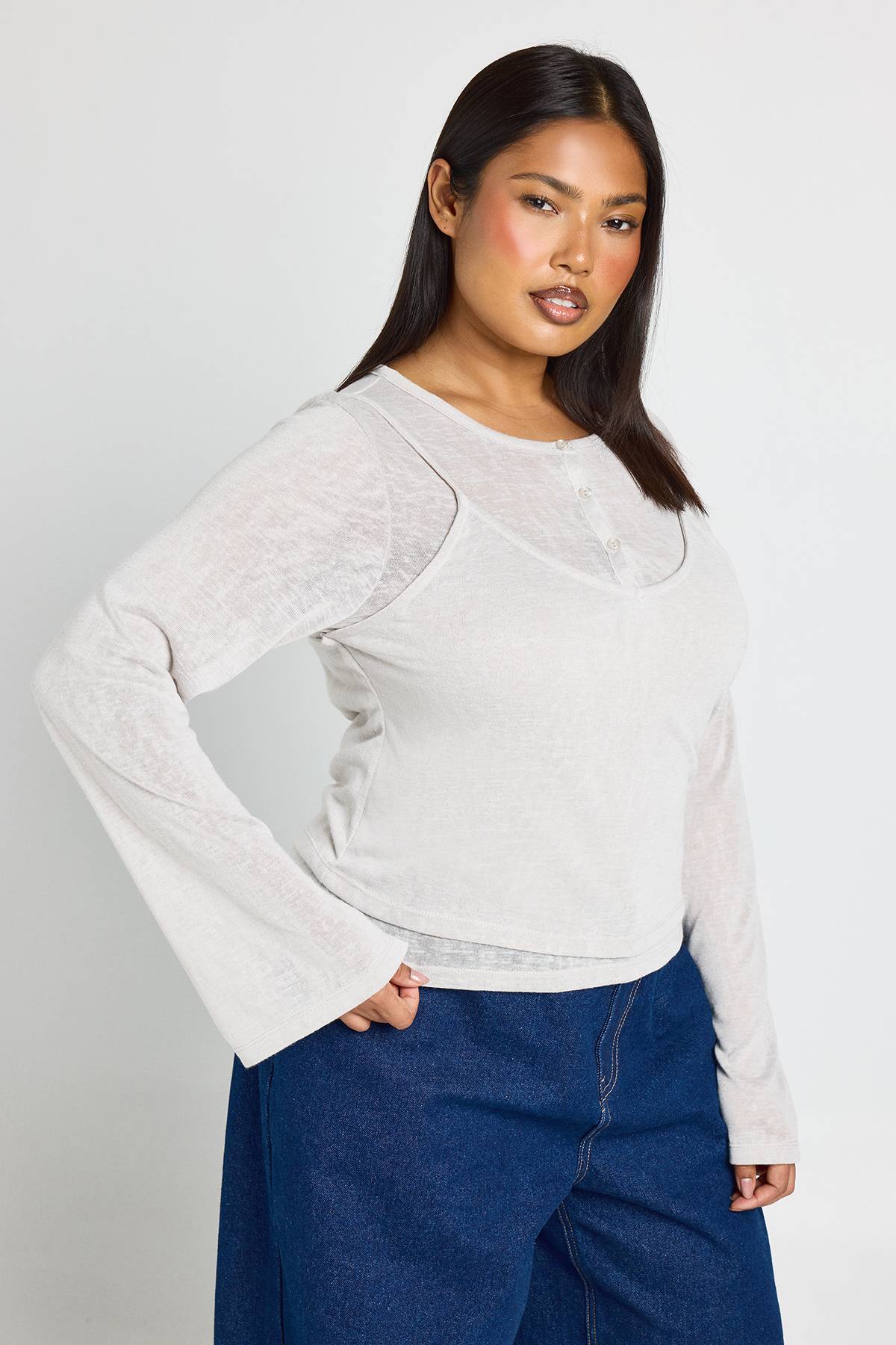 boohoo Haut Henley Grande Taille À Double Épaisseur Transparente