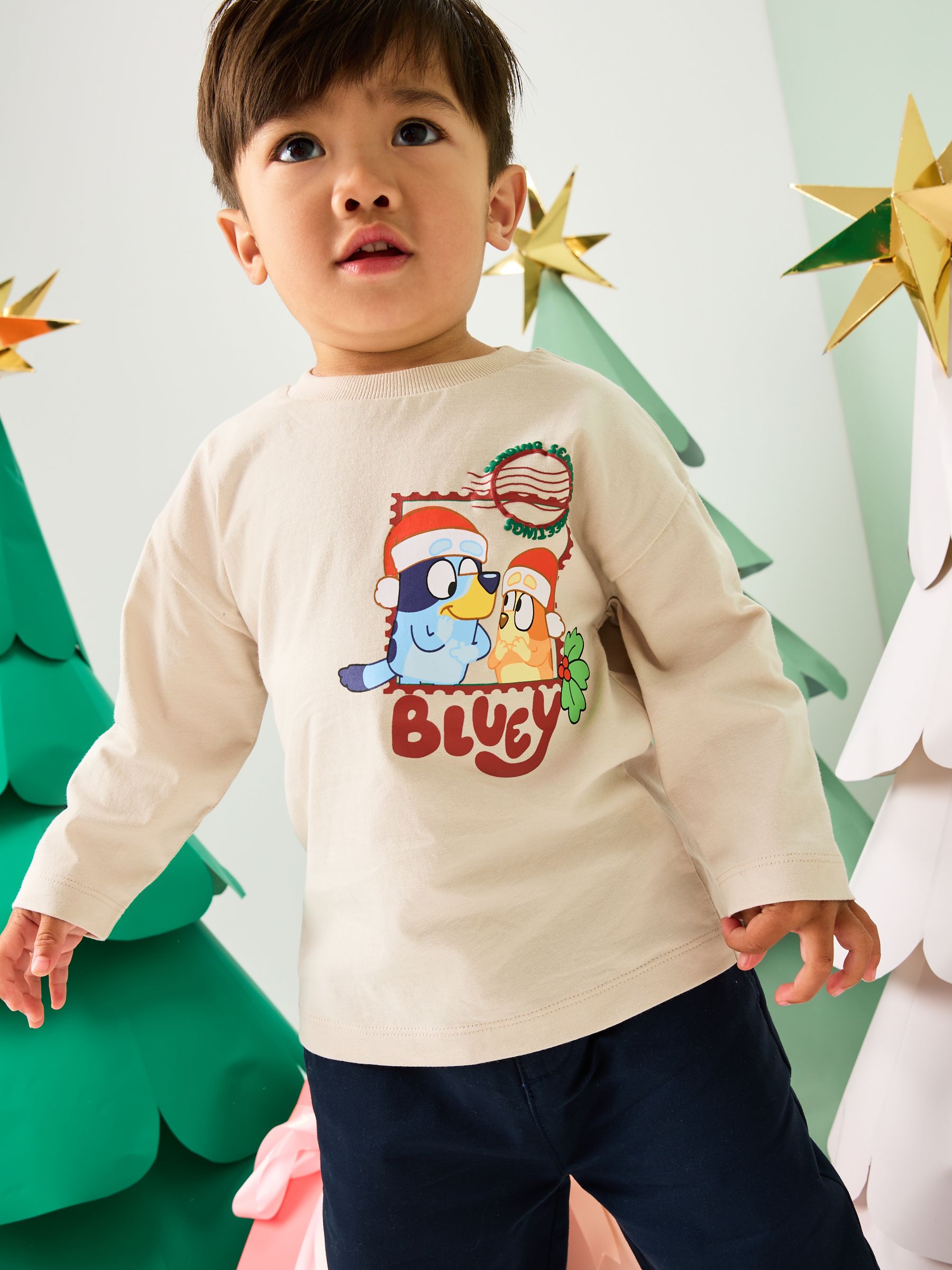 Crème met kerstprint - Bluey T-shirt met lange mouwen (3mnd-8jr)