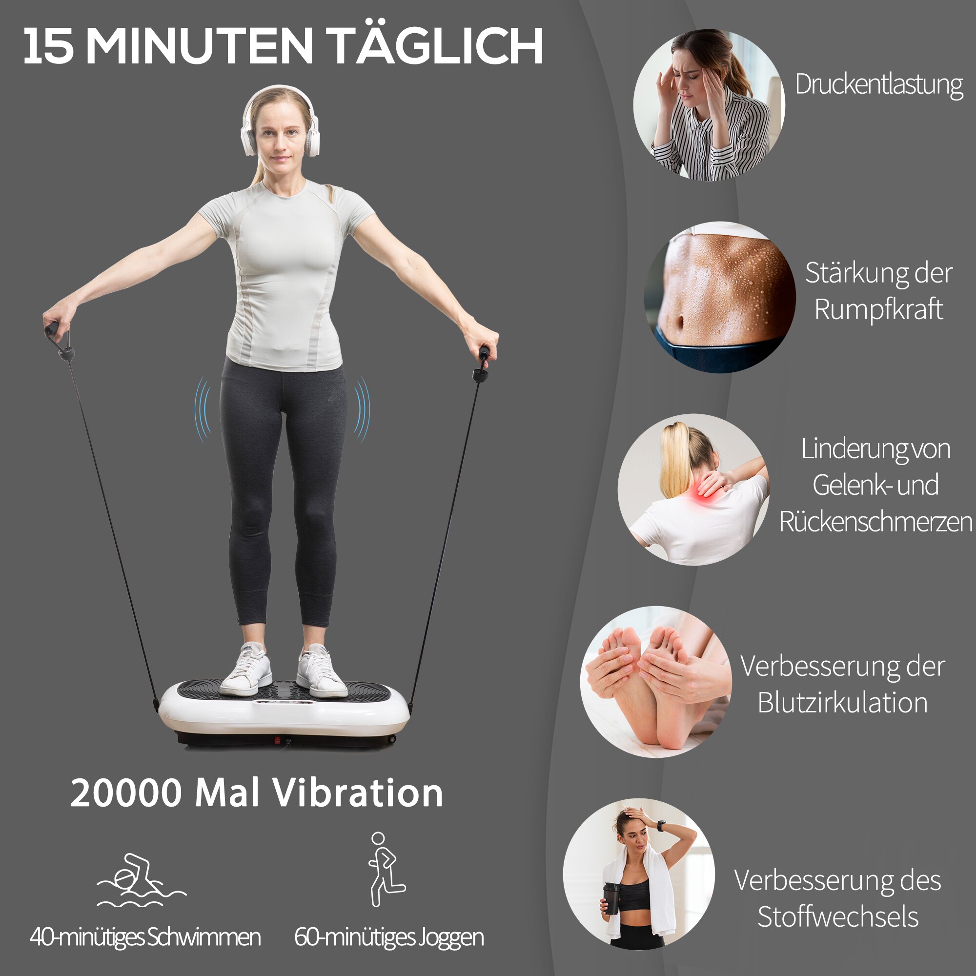 HOMCOM Vibrationsplatte mit Fitnessbändern schwarz, weiß 73L x 40B x 13H cm