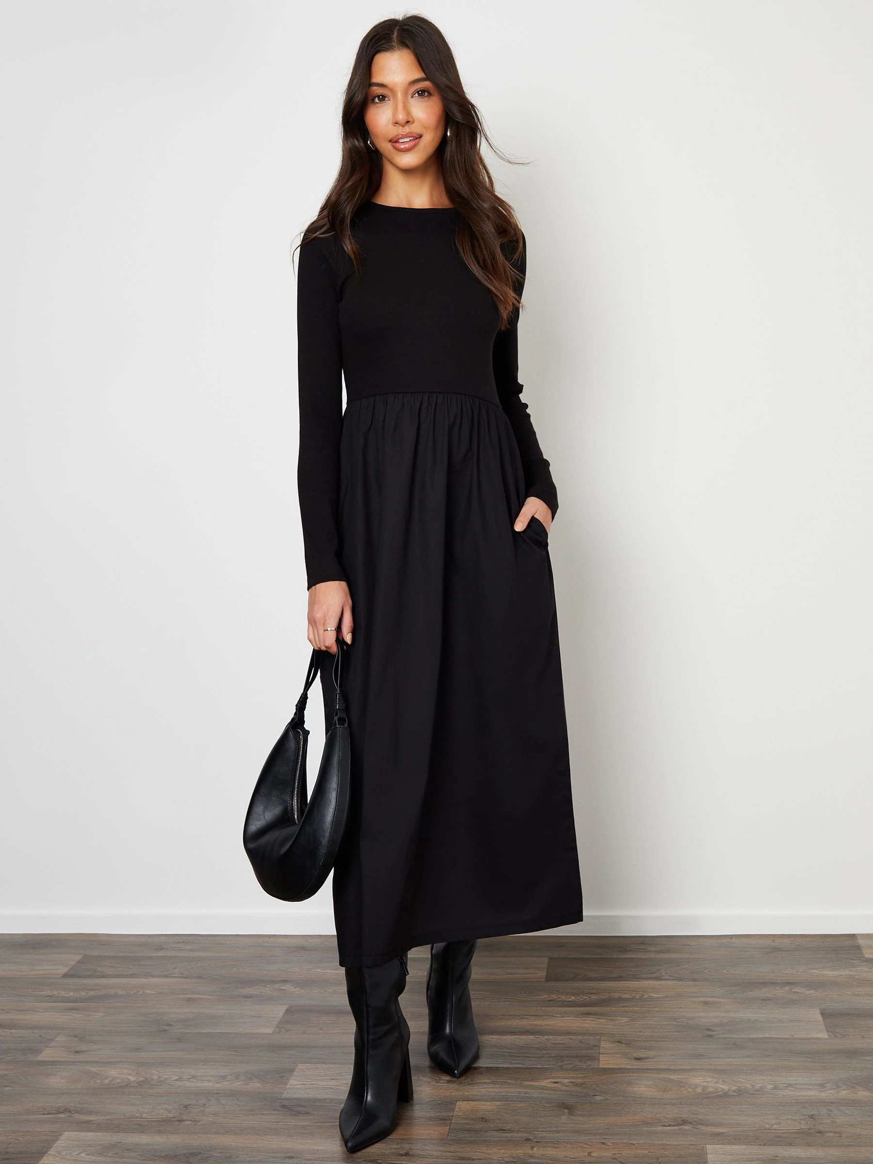 Zwart - Threadbare geribbelde jersey 2-in-1 midi-jurk met poplin rok