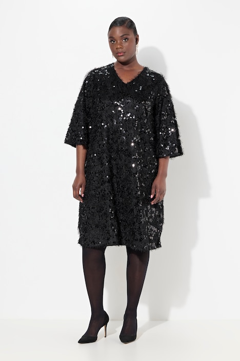 Kleid, Fransen, Pailletten, V-Ausschnitt, 3/4-Arm