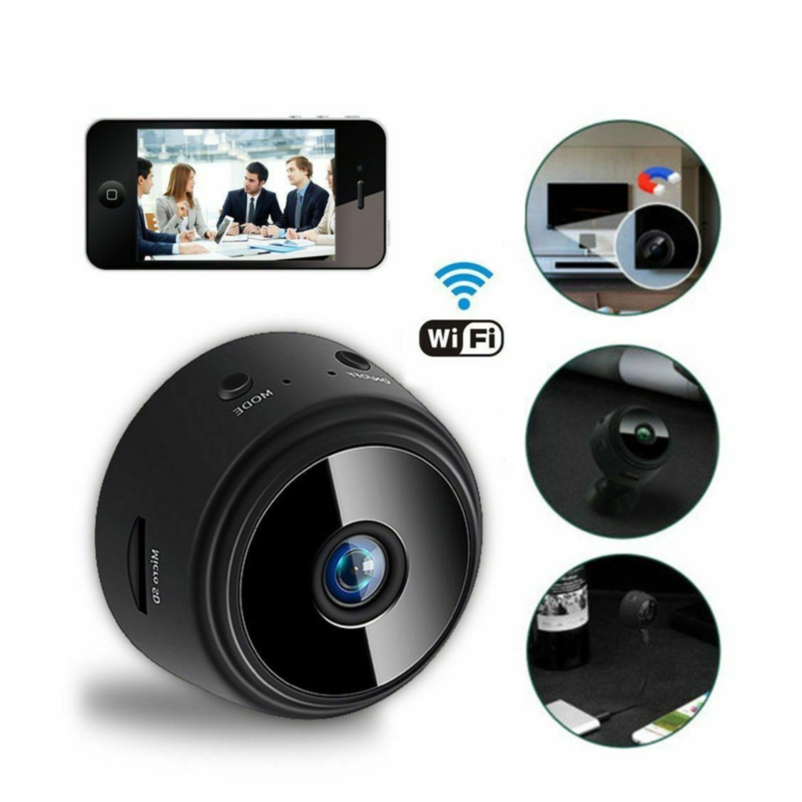 Mini WiFi IP Kamera FullHD 1080p Infrarot LED's Nachtsichtfunktion mit Akku (240mAh) und Micro SD Kartenslot   Halterung iOS/Android - Schwarz