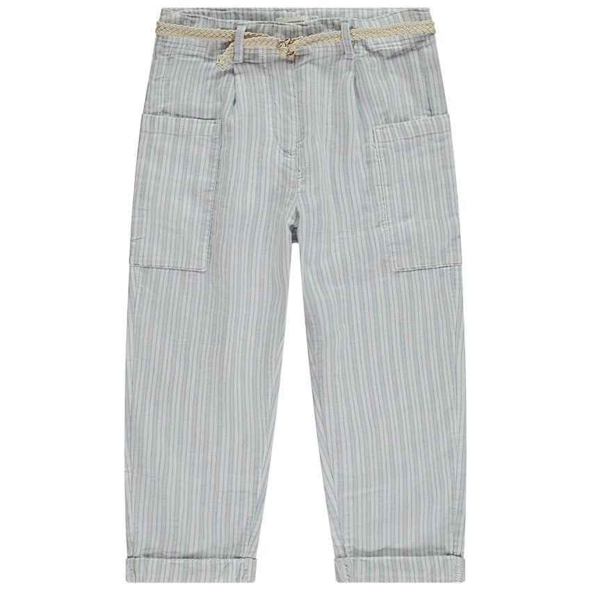 Pantalon rayé à poches + ceinture tressée pour fille - Bleu