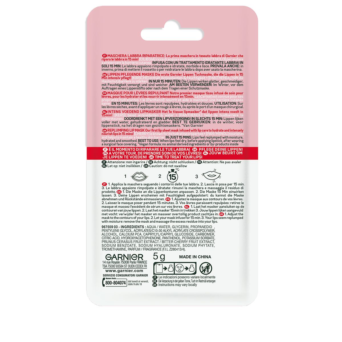GARNIER Lippentuchmaske mit Kirsche & Panthenol Btl 5 g