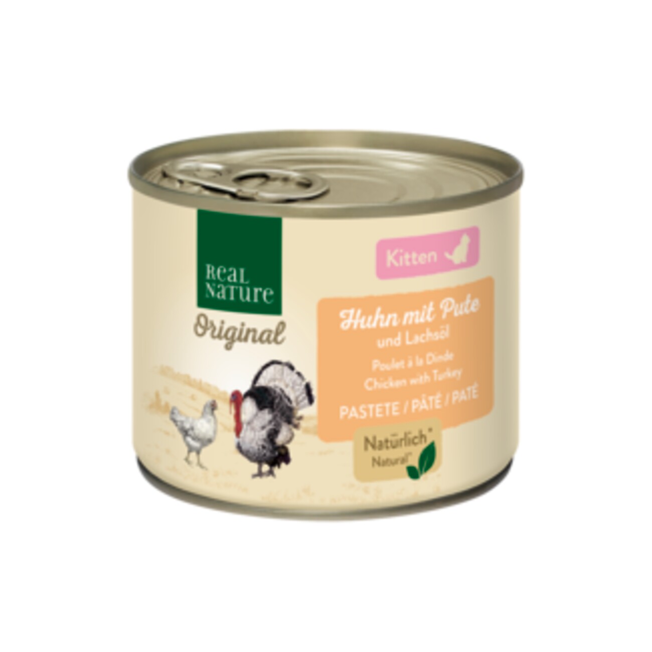 REAL NATURE Original Nassfutter Katze, Kitten, Huhn mit Pute und Lachsöl 6x200 g