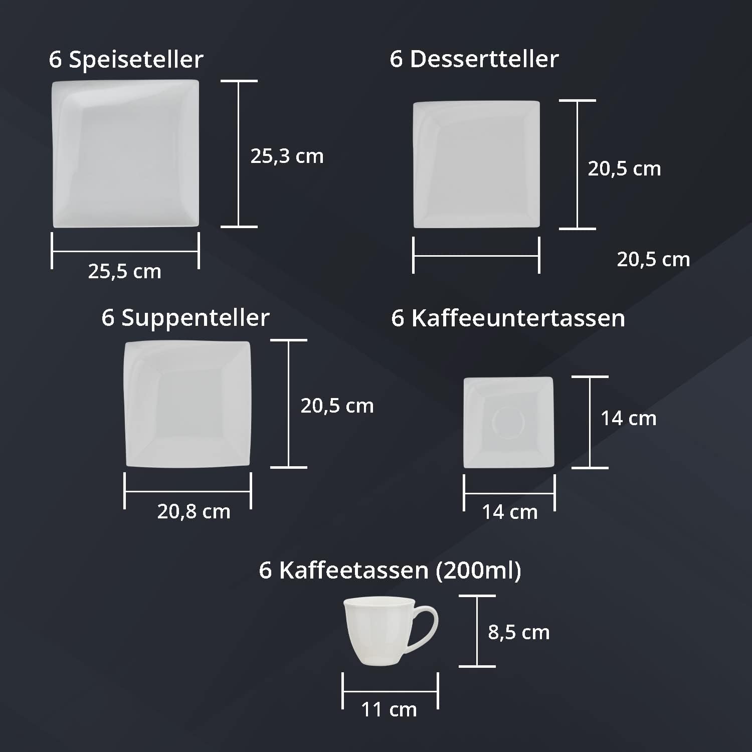 Kombiservice für 6 Personen Porzellan 30-teiliges eckiges Geschirrset weiß, geschwungenes Design 6xDessertteller 6xKaffeetassen 6xKaffeeuntertassen 6xSpeiseteller 6xSuppenteller