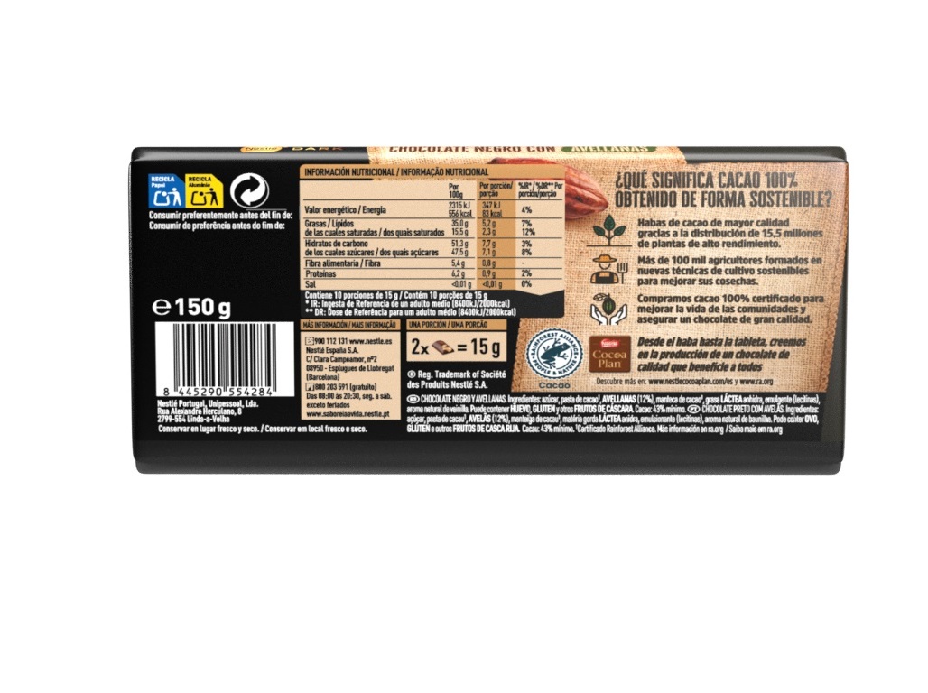 TABLETE NESTLÉ DARK CHOC PRETO C/ AVELÃS 150 G