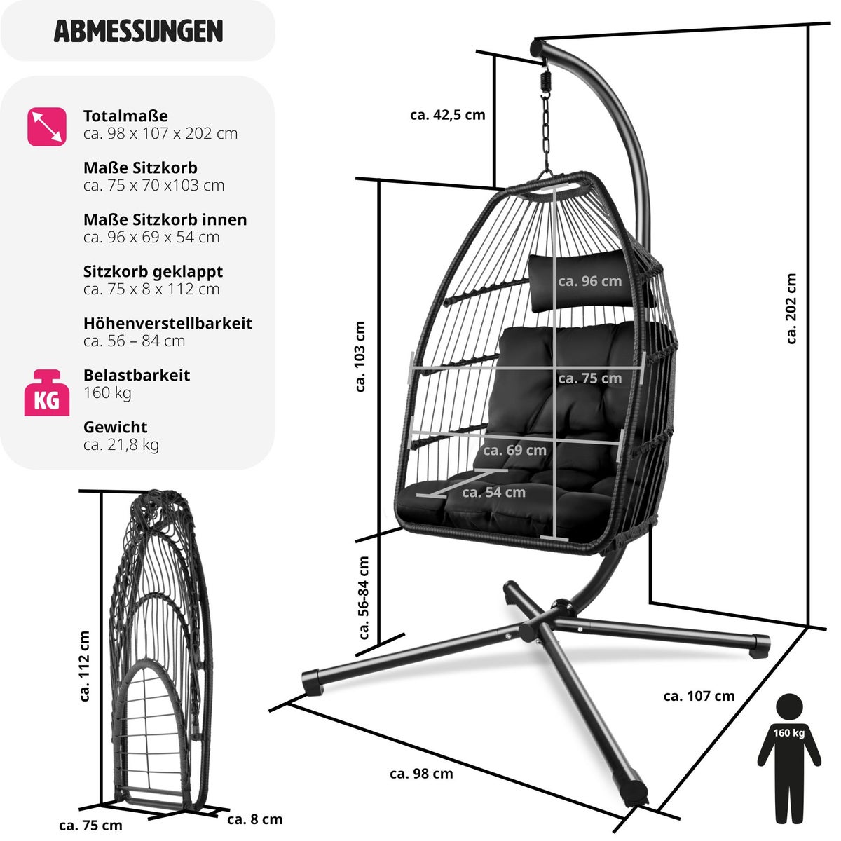 tectake Ariane hangstoel met extra dikke zitting en hoofdkussen inclusief beschermhoes, 98 x 107 x 202 cm
