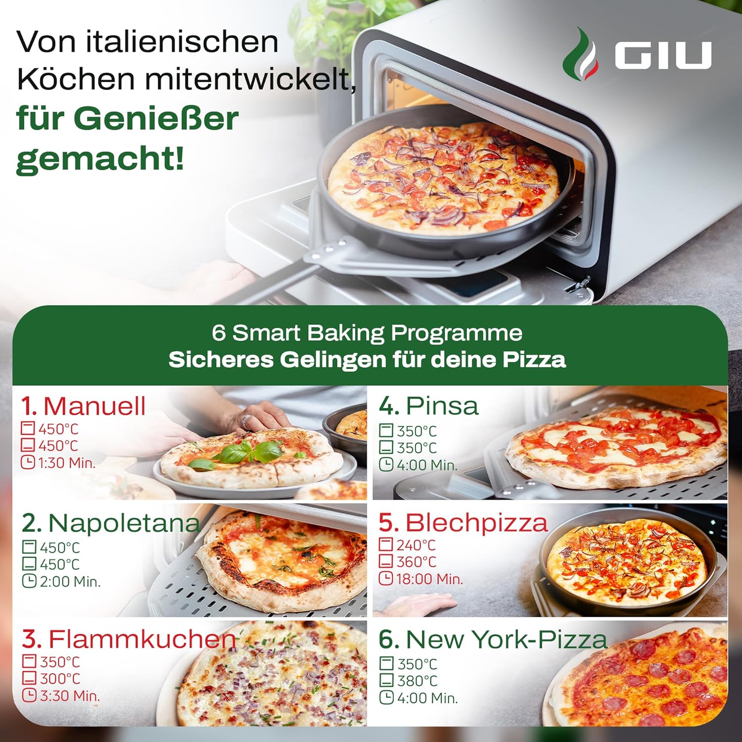 GIU Elektrischer Pizzaofen - Starker Elektro-Ofen für neapolitanische Pizza | Backofen, Pizzaofen, elektrisch, Electric Oven | Über 400 Grad FusionHeat-Tech | Genieße Steinofen-Geschmack Zuhause