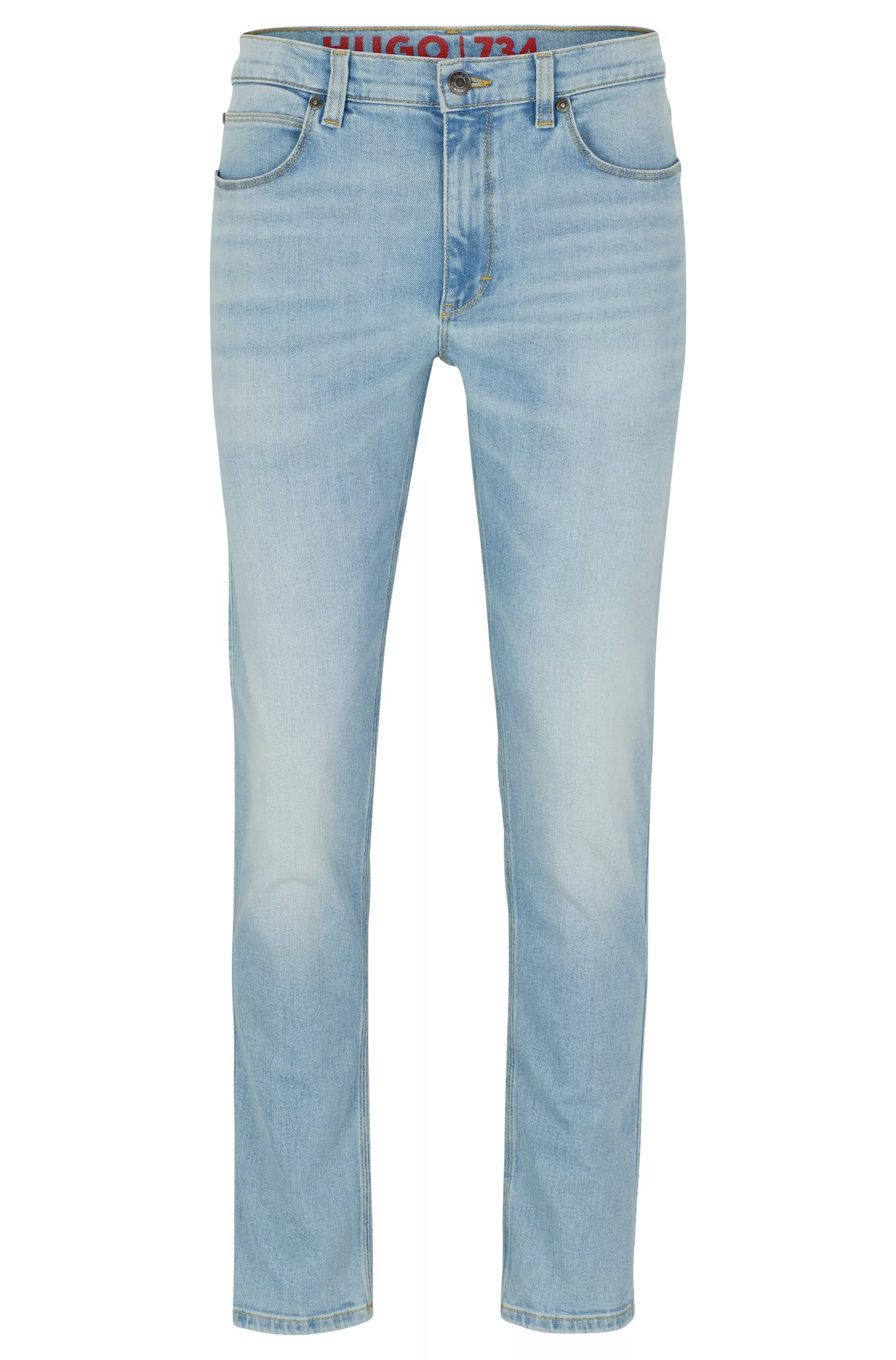 Calça jeans HUGO vermelha, extra slim fit, em denim azul com elasticidade confortável.