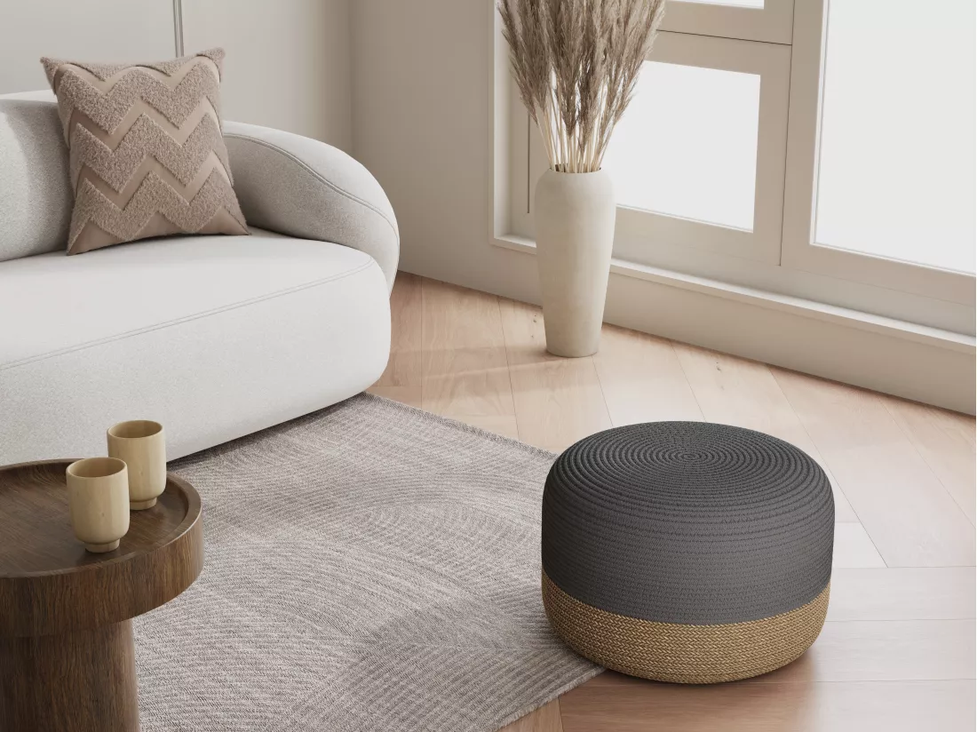 Pouf rond en rotin naturel clair et gris LOMANGO