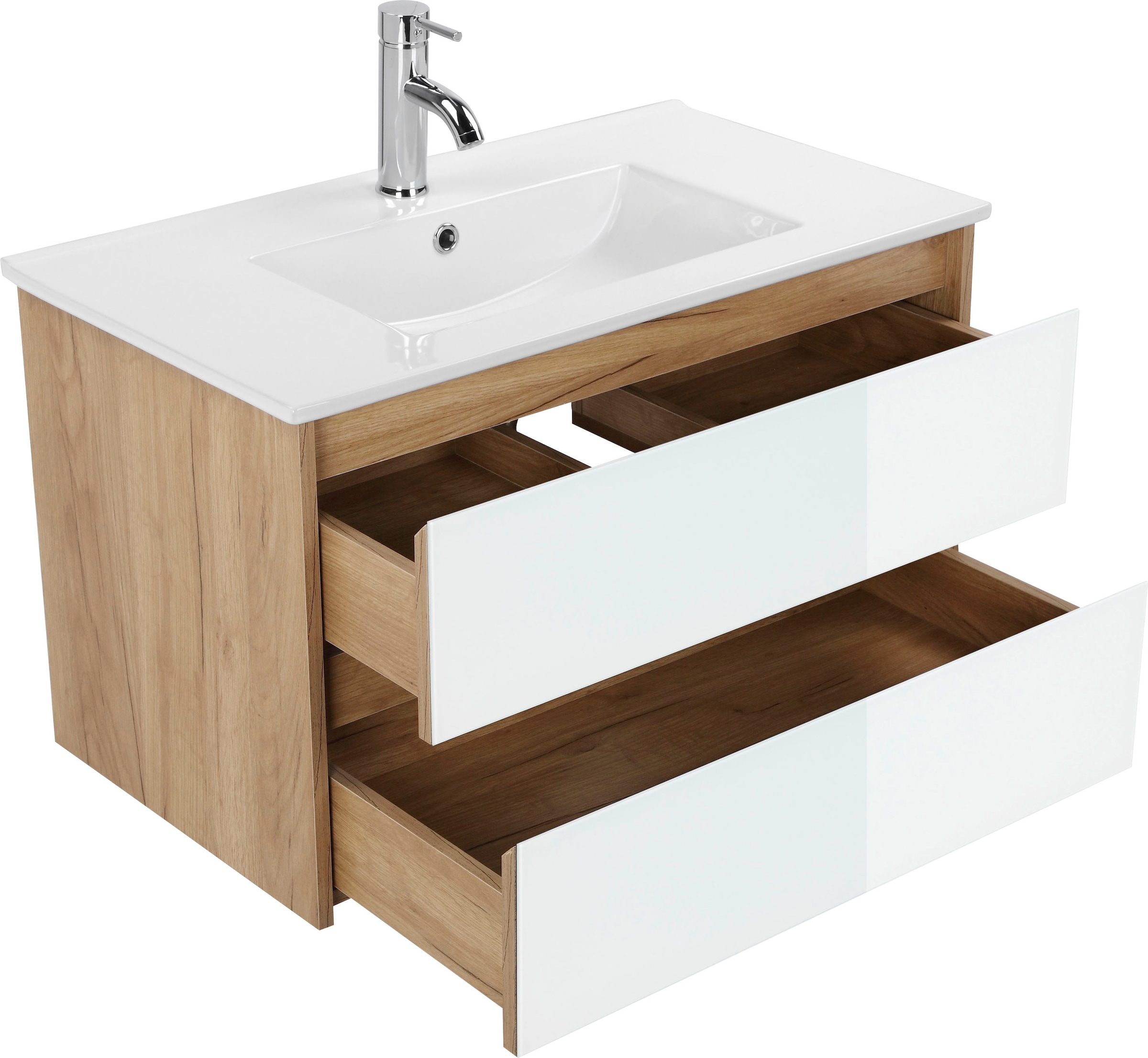 welltime Waschtisch »Torun Badezimmerschrank Unterschrank mit Glasfronten und Softclose« Set,  Waschplatz mit 2 Schubladen und Waschbecken Breite 80 cm