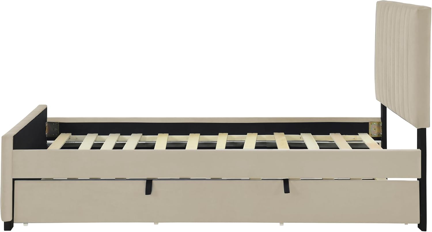Kinderbett Polsterbett 90x190 cm mit Ausziehbett, Bett Einzelbett Doppelbett Jugendbett Gästebett Rückenlehne Bettgestell Flachbett mit Holz Lattenrost, hautfreundliches Samtstoff, Ohne Matratze,Beige