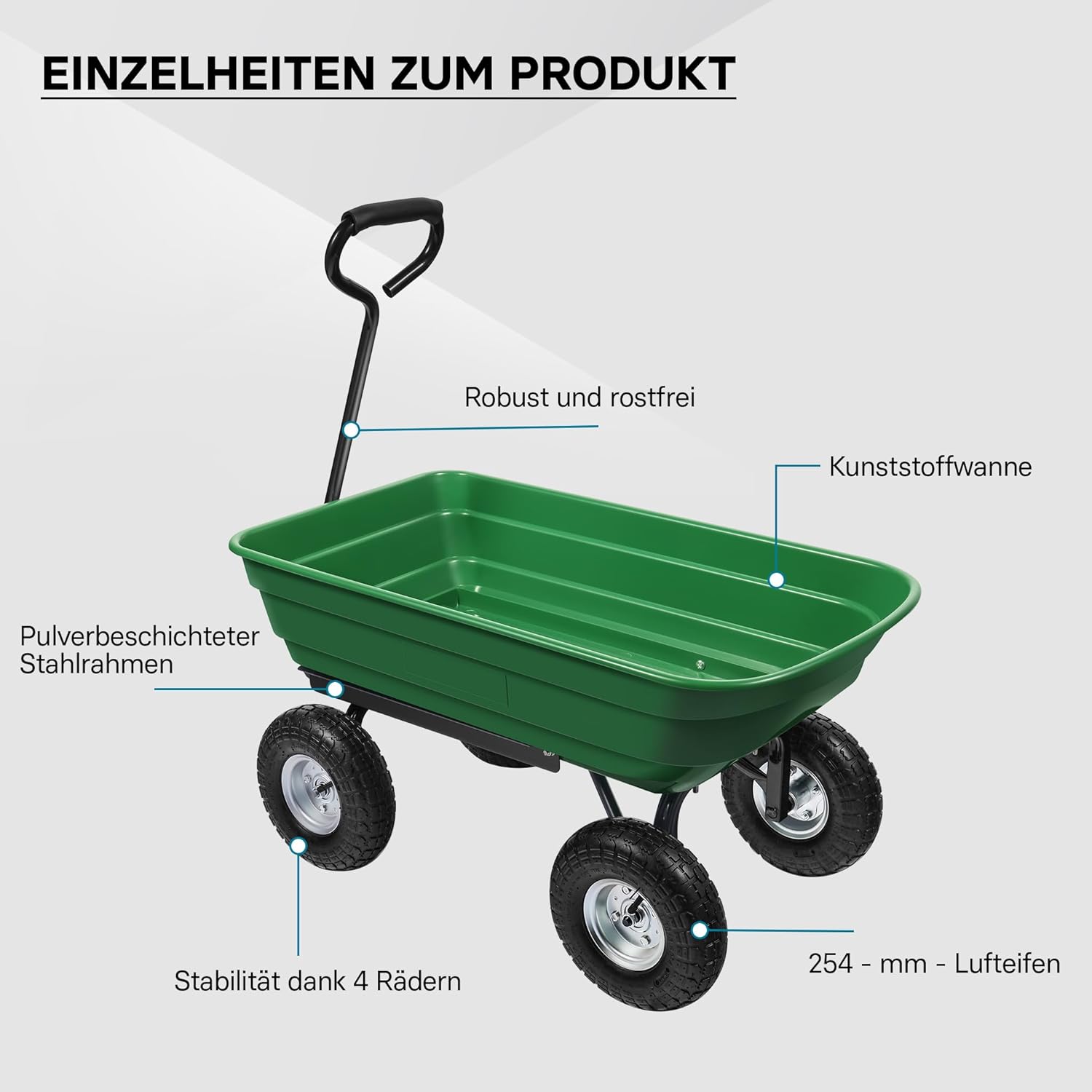Wiltec Gartenwagen mit Kippfunktion bis 350 kg, Handwagen mit 125 l Volumen, Bollerwagen für Gartenarbeit, Handkarren für u. a. Rasen, Kies, Schlamm