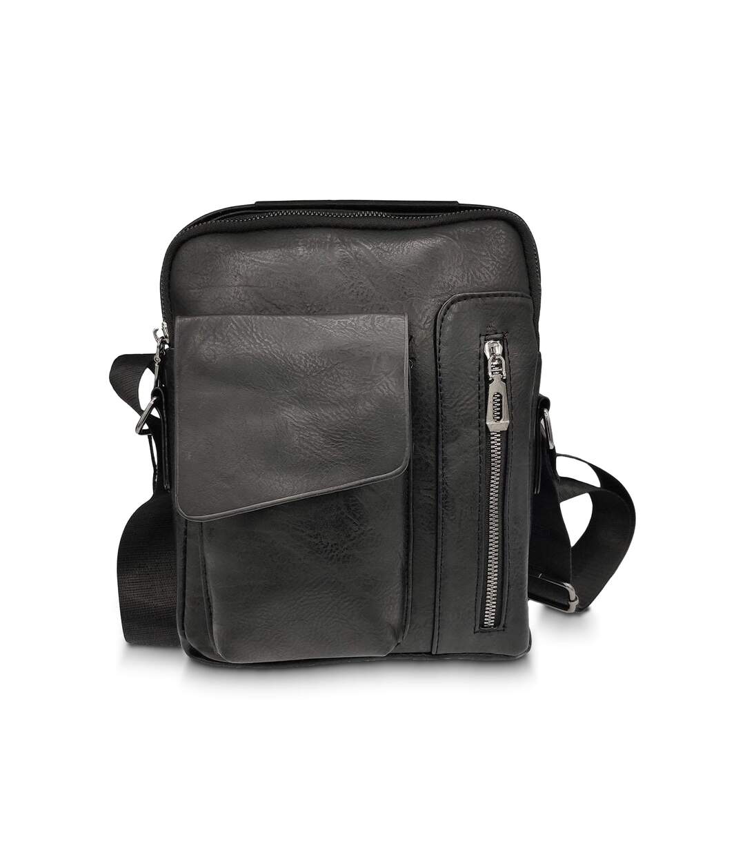 Sacoche bandoulière pour homme avec rabat multi poches  - PVC vieilli - couleur noir.