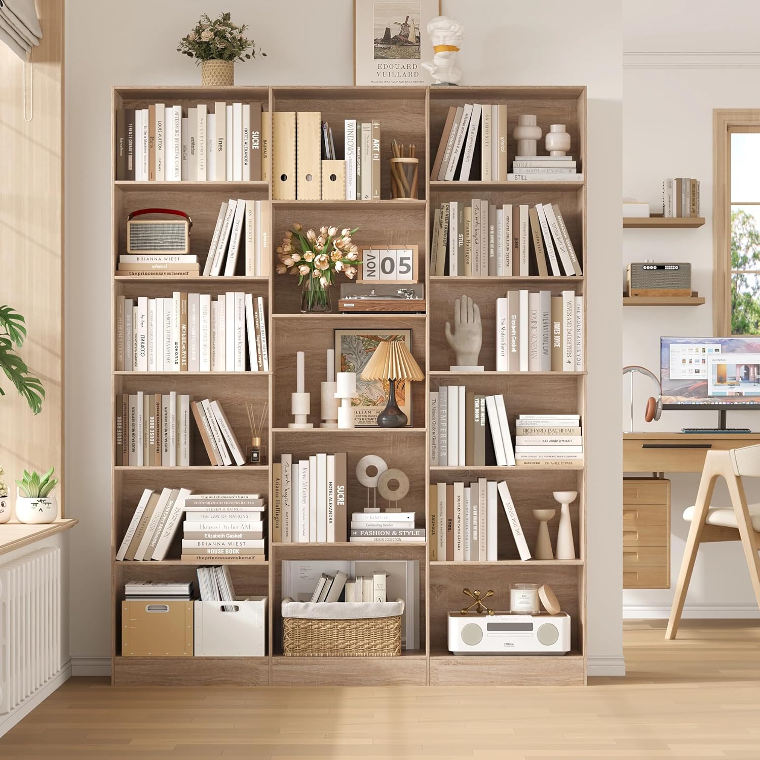 FirFurd Bücherregal 188 cm, Regal mit 17 Fächern, Bücherschrank, Standregal, Aufbewahrungsregal, für Wohnzimmer Büro Arbeitszimmer, 149 x 23,5 x 188 cm, Eiche