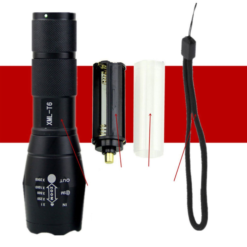 900LM Aluminium LED Taschenlampe mit Verstellbarem Fokus (Batteriebetrieben) - Schwarz