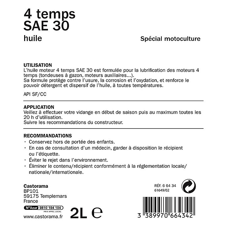 Bidon d'huile moteur à 4 temps SAE 30 2L