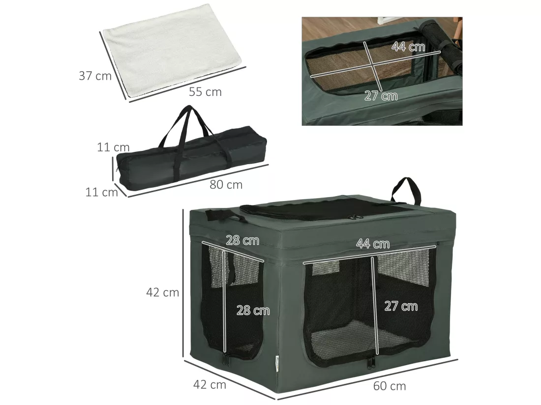 Sac de transport pliable pour chien chat - 2 poignées, 3 portes - dim. 60L x 42l x 42H cm - acier polyester gris