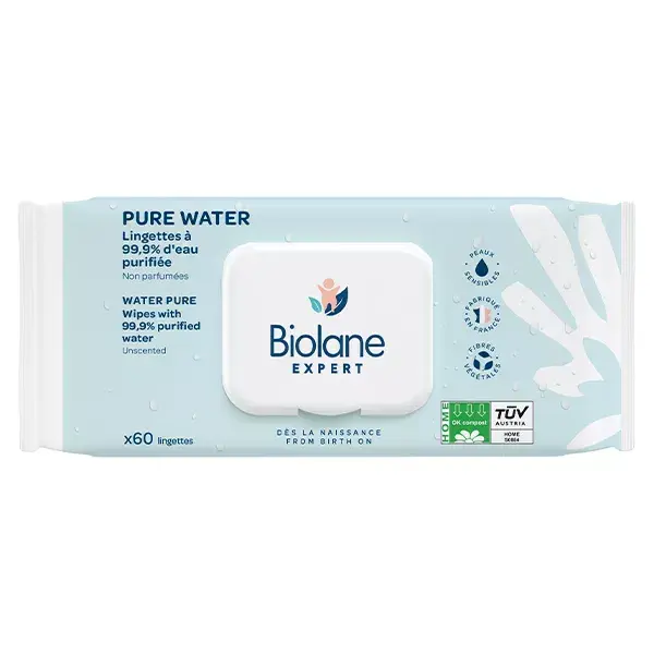 Lenços umedecidos Biolane Expert Change Pure Water, 99,9% de água purificada, 60 unidades.