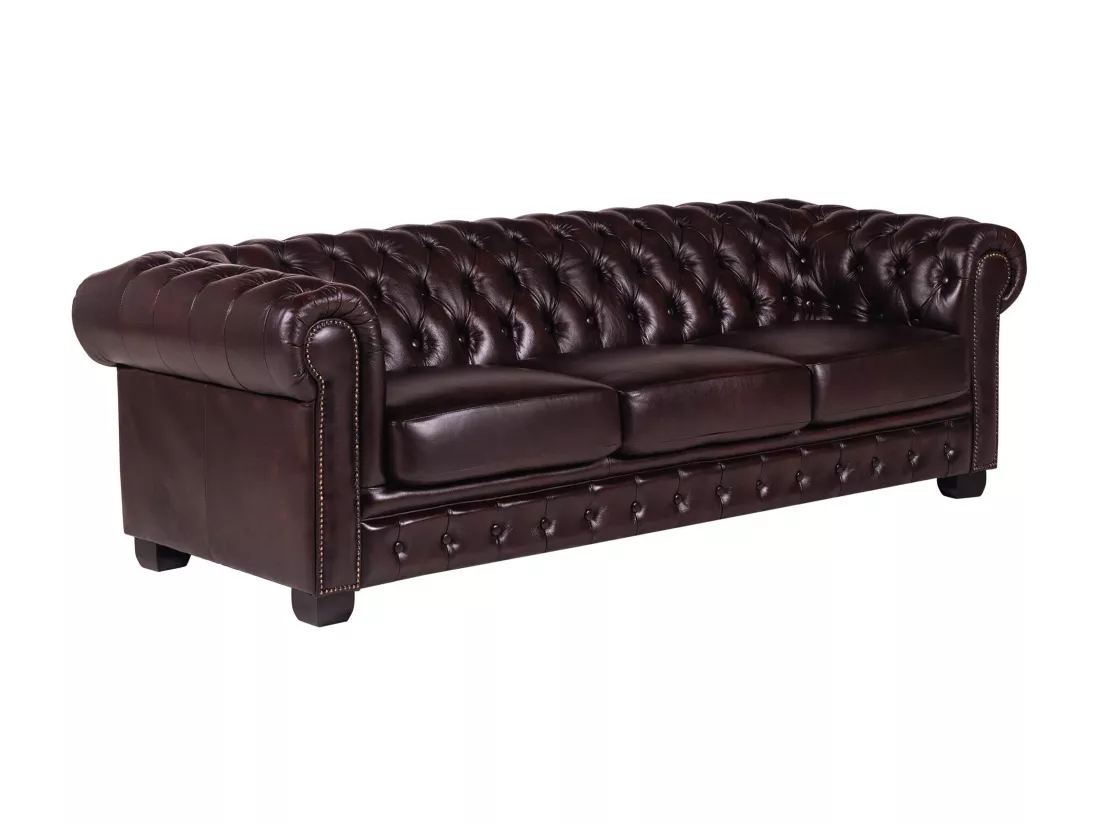 Canapé chesterfield 4 places BRENTON 100% cuir de buffle bordeaux