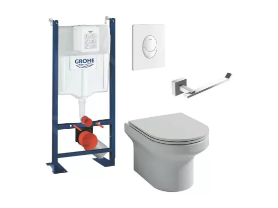 Pack WC suspendu sans bride JACOB DELAFON Elite + Bâti support GROHE RapidSL + plaque blanc + Porte-rouleau carré